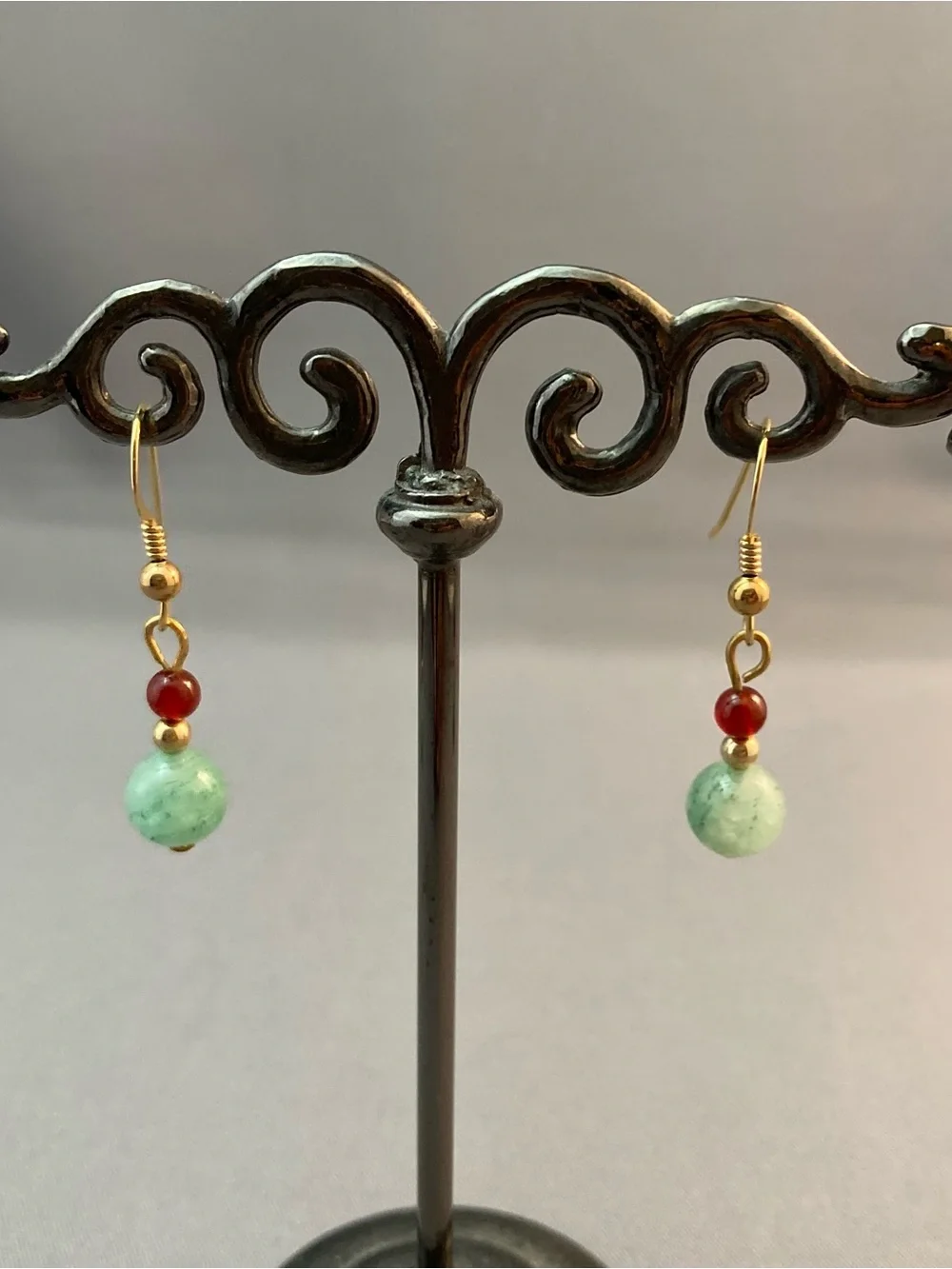 Handmade light jade and carnelian bead dangle earrings